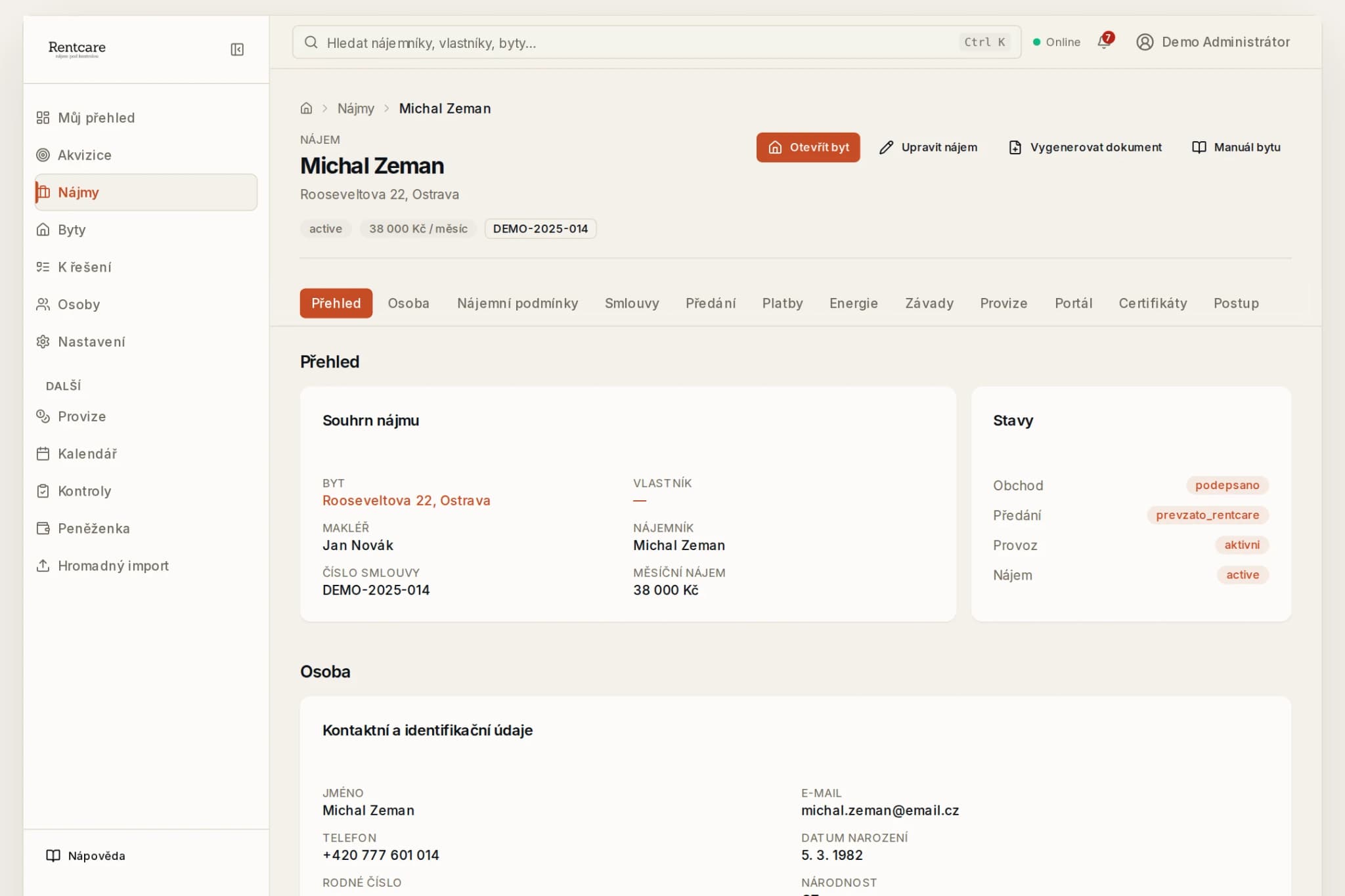 Detail aktivního nájmu v systému Rentcare