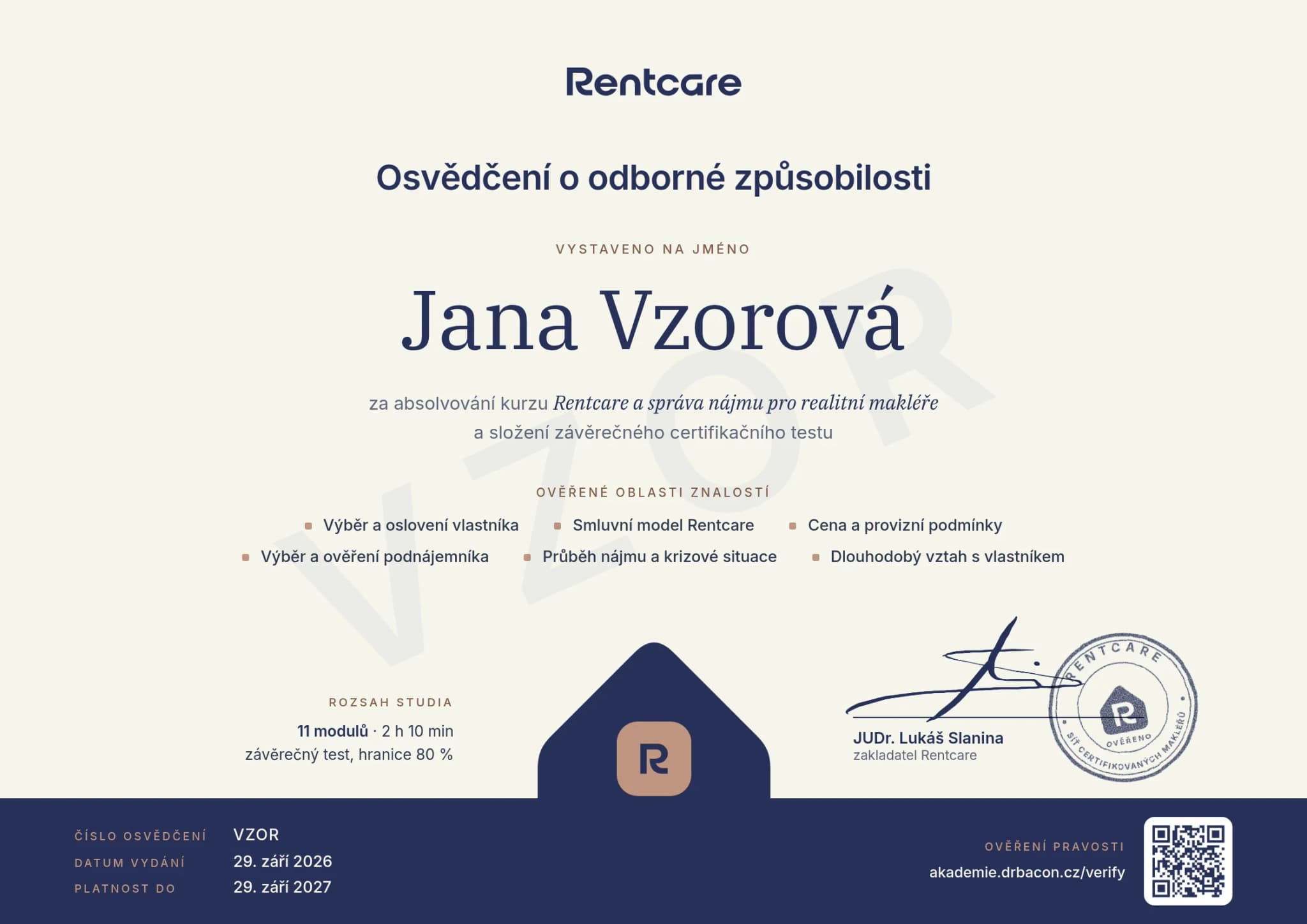 Vzor osvědčení Rentcare o odborné způsobilosti vystaveného na jméno Jana Vzorová