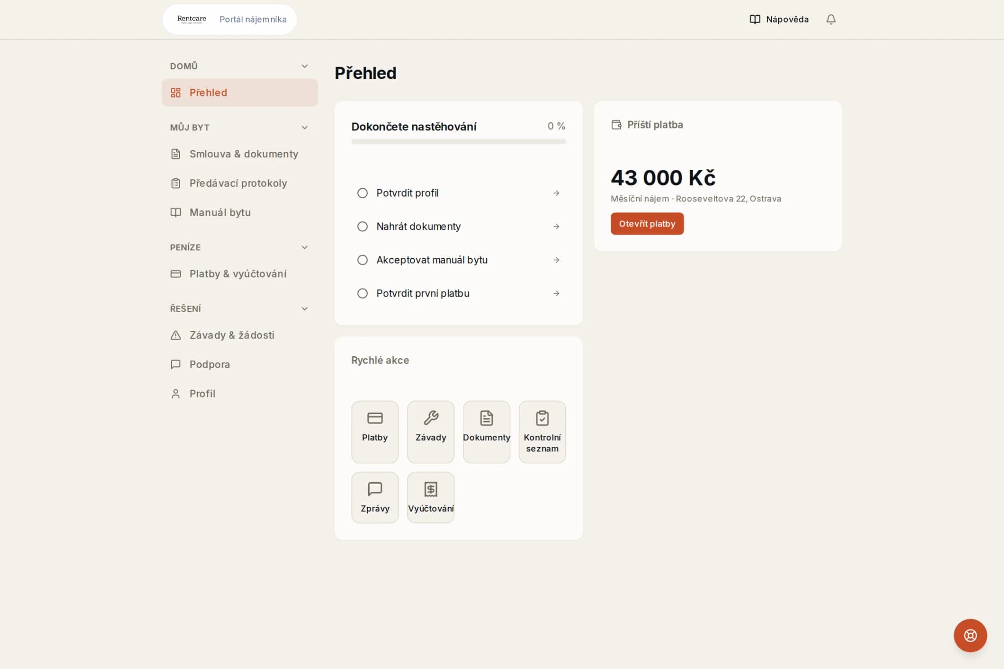 Aktuální přehled v portálu podnájemníka Rentcare